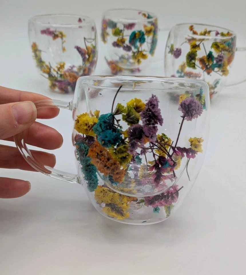 Juego 4 tazas de vidrio de doble pared con asas flores secas café té colorido Foto 3 de 3