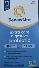 Renew Life Extra Care Digestive Probiotic - 50 Billion CFU - 60 Caps - Exp 1/26
