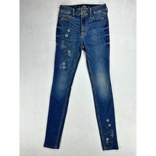 Hollister High Rise Super Skinny Jeans Womens 0R W24 L30 Blue Floral Embroidered