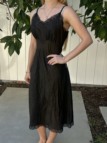 Vintage 40s 50s S Full Slip Dress Lace Black - Picture 1 of 14