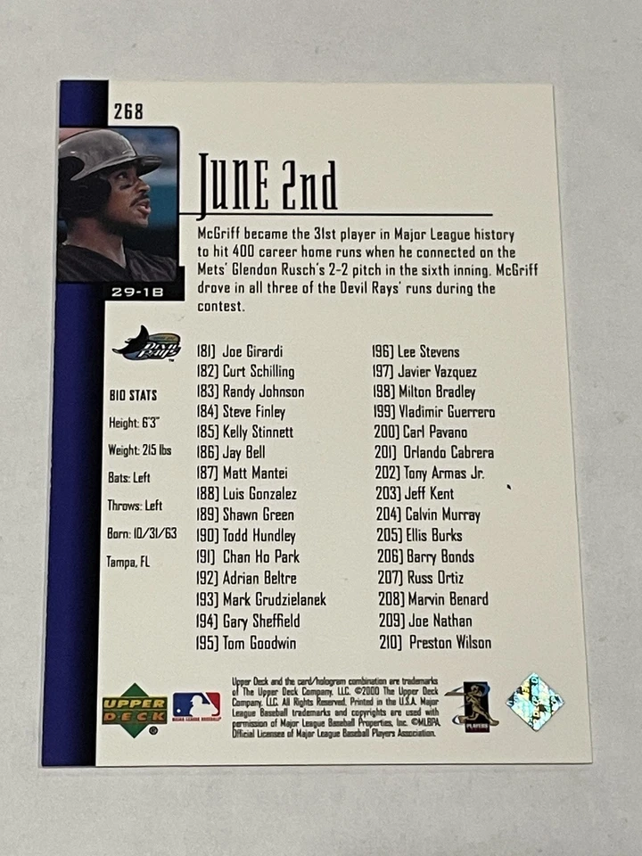 2001 Upper Deck Baseball #268 - Fred McGriff - Tampa Bay Devil Rays - Image 2 of 2
