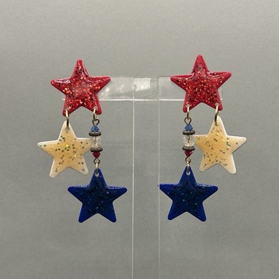 Vintage MAM 80s 90s Red White Blue Star Dangle Pierced Earrings Patriotic