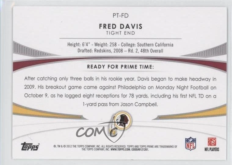 2012 Topps Prime Primetimers Retail Silver Fred Davis #PT-FD - Image 2 of 2