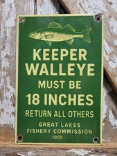 VINTAGE GREAT LAKES PORCELAIN SIGN OLD 1955 FISHERY COMMISSION WALLEYE FISHING
