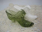 Vintage Fenton Milk Glass & Olive Green Hobnail Cat Head Slipper Shoe Set of 2