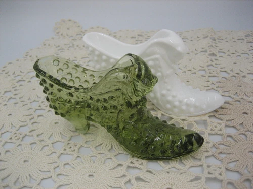 Vintage Fenton Milk Glass & Olive Green Hobnail Cat Head Slipper Shoe Set of 2