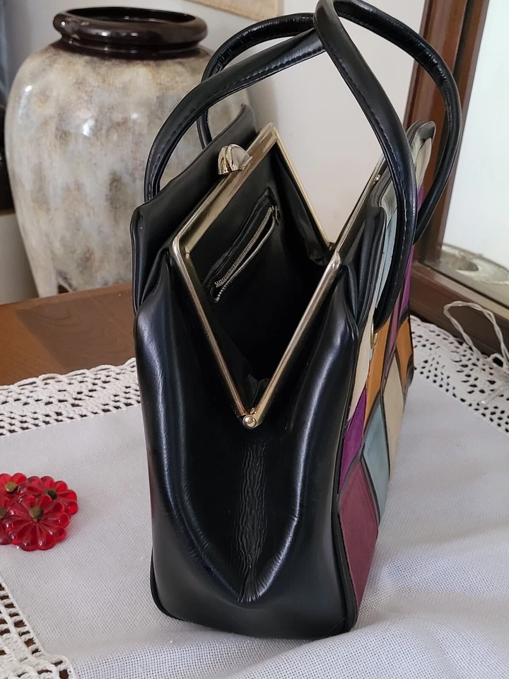 RARO De Colección Años 50 60 MCM Único Bloque Geométrico Bolso de Mano Cartera, Naranja Púrpura y Azul Foto 4 de 4