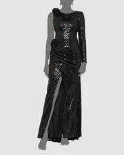 Aqua Women's Black One Sleeve Flower Sequined Long Evening Gown Dress Size 4