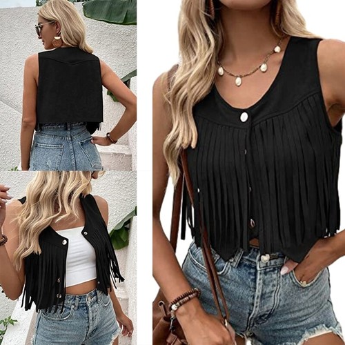 Women s Fringe Faux Suedes Vest Hippie Sleeveless Tassels Cardigan Jackets - Picture 2 of 18