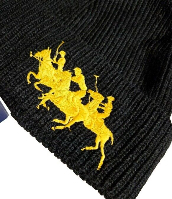 Polo Ralph Lauren Lunar Capodanno Misto Lana Beanie Triple Pony Nero Oro Nuovo con etichette