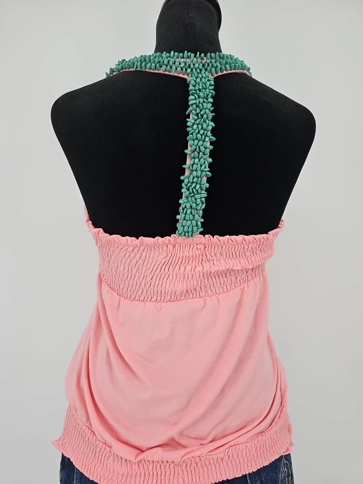 Top vintage Baby Phat Y2K pequeño rosa con cuentas escote con volantes dobladillo hip hop boho Foto 4 de 4