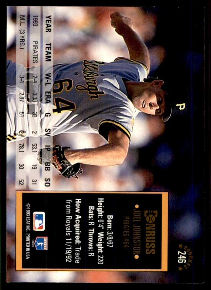 1994 Donruss Joel Johnston Pittsburgh Pirates #246 - Image 2 of 2