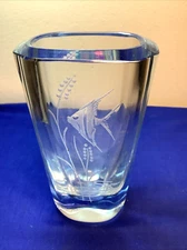 MCM Strombergshyttan Sweden Ice Blue Etched Glass Vase Signed Numbered    255