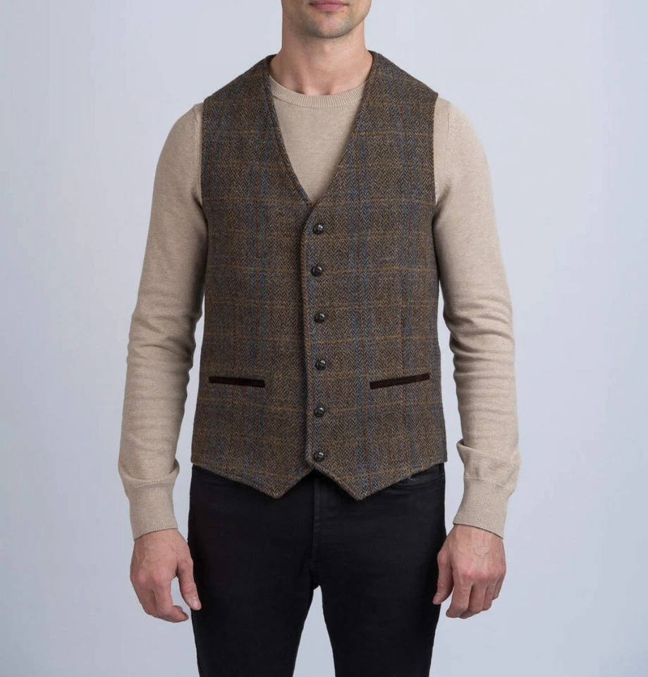 Men's Winter 100% Wool Plaid Suits Peak Lapel Jacket Vest 2 Pieces Retro Classic - Image 4 of 4
