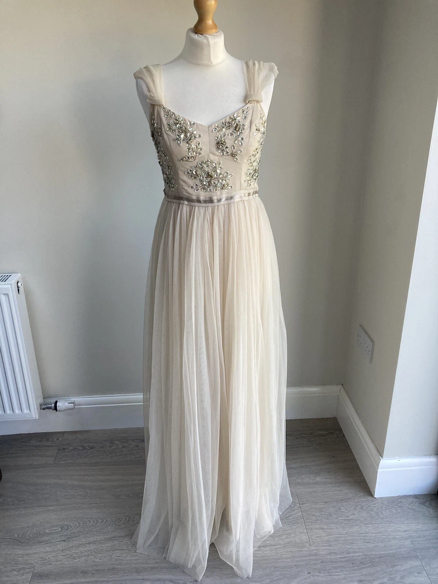 Needle Thread Beaded Maxi Dress UK 8 10 Prom Wedding Cream Beige Formal