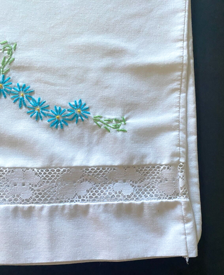 Vintage Hand Embroidered Pillowcase Pair Lace Insert 19.75" x 29.25