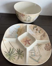 Chip And Dip Serving Tray + Large Bowl Melamine 15" Ocean Life Theme Starfish