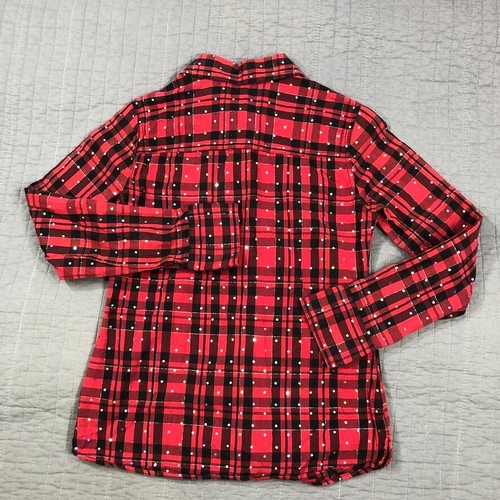 Justice Shirt Youth Girl Large Red Black Plaid Roll Tab Glitter Bling Christmas - Picture 2 of 24