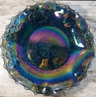 Vintage Indiana Glass Blue Iridescent Carnival Diamond Cut Ruffle Plate 10"