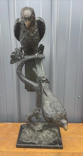 Large Bronze Parrot Sculpture 2 Birds on Branch Black Marble Base 22" Milo Style