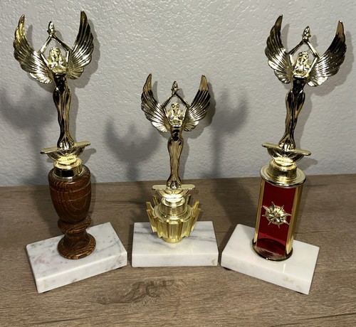 Lot of 3 Vintage Winged Goddess of Victory Metal Toppers Marble Base Trophies