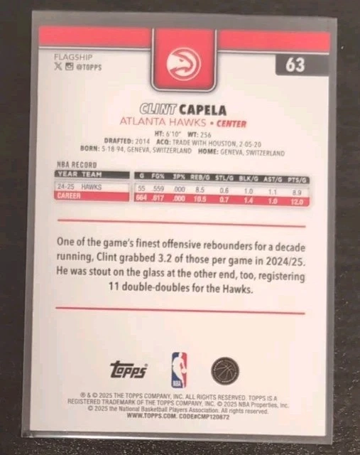 Clint Capela #63 2025-26 Topps Basketball Season Tip-Off Parallel Atlanta Hawks - Image 2 of 3