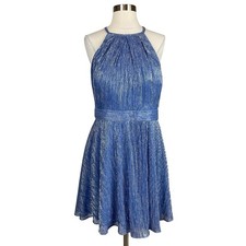 Betsy & Adam Women's Cocktail Dress Size 12 Blue Metallic Halter Fit and Flare