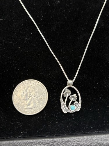 New Condition Sterling Silver Turquoise Mushrooms Pendant Necklace 18" - Picture 8 of 10