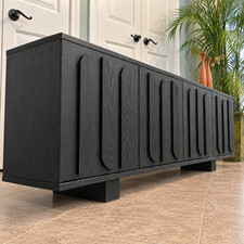 63" Mid Century Modern TV Stand Black Sculpted 4 Door Storage Media Console MCM