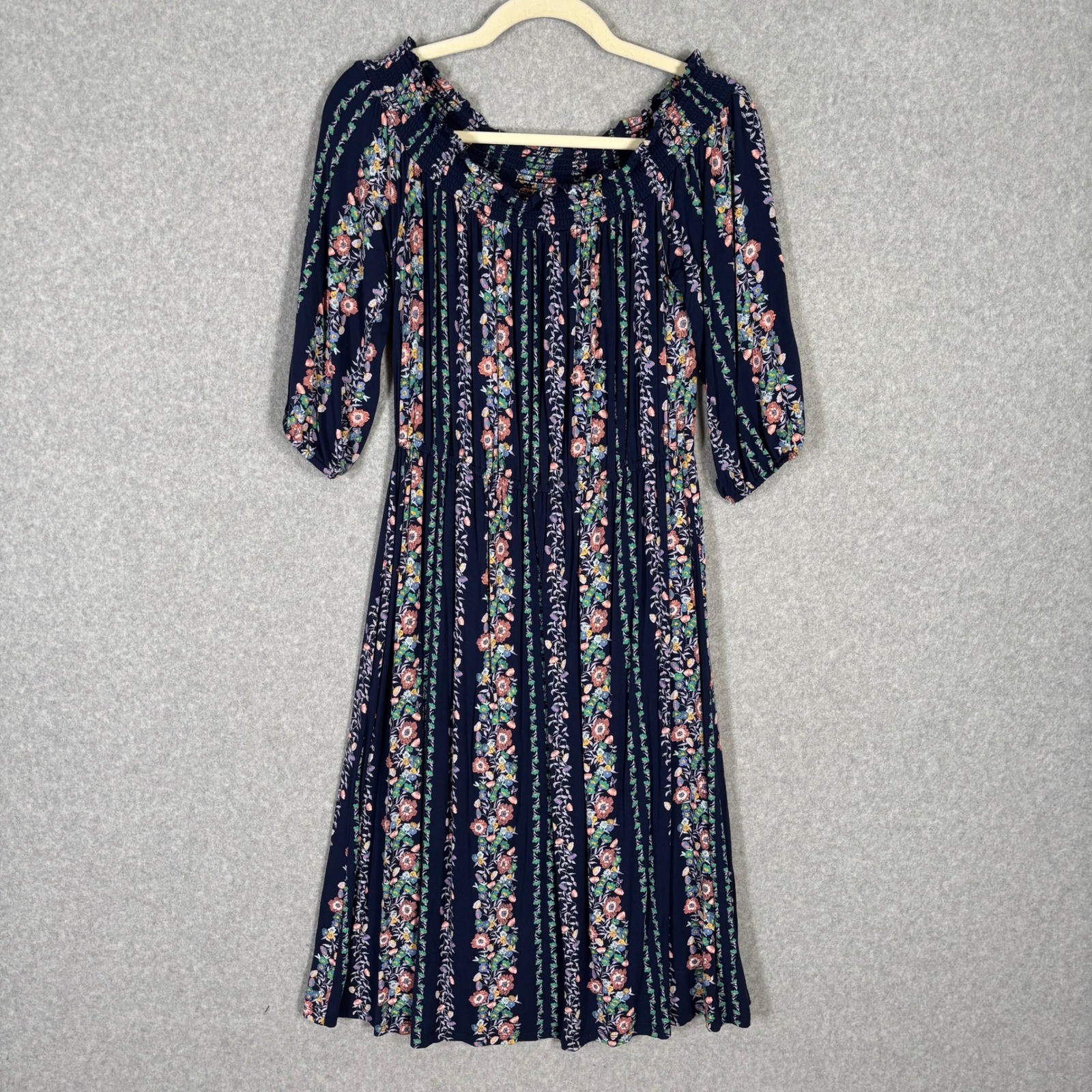 Old Navy Midi Dress Small Navy Floral Smocked Cottage Farmhouse Mediterranean
