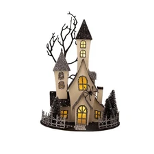 Cardboard Lighted Haunted House, Black Beige Table Halloween Decor Light 8x13"