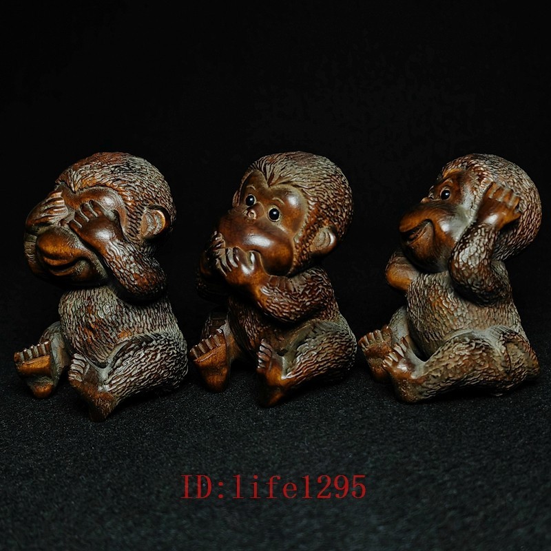 Size 2.5 Inch A set of 3 Pcs Old Boxwood Hand Carved Not to evil Monkey Statue