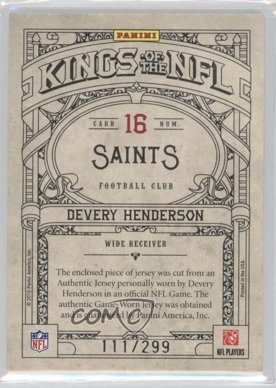 2010 Panini Crown Royale Kings of the NFL Materials /299 Devery Henderson #16 - Image 2 of 2