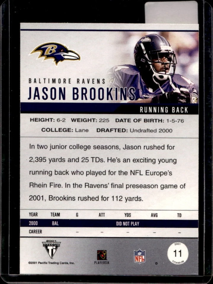 2001 Pacific Private Stock Titanium Jason Brookins Rookie RC #11 Ravens - Image 2 of 2