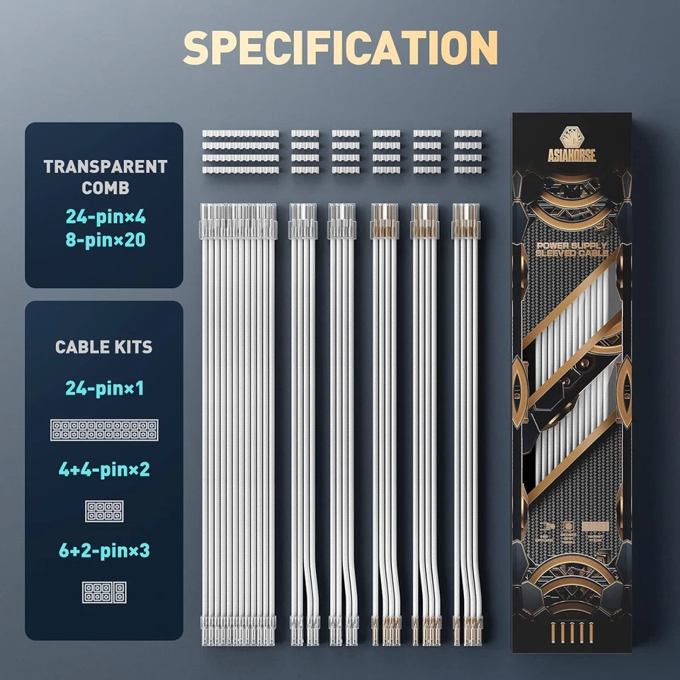 16AWG PSU Cable Extension Kit, White, Gold-Plated Connectors - Image 4 of 4