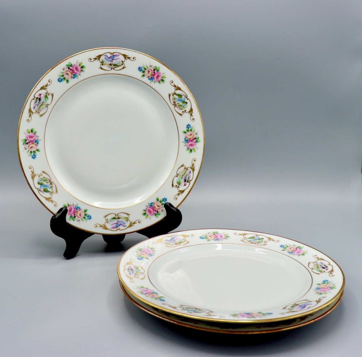 Set of 3 Limoges Ancienne Manufacture Royale Oiseaux Roses (Smooth 