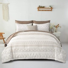 7 Pieces Brown Comforter Set King SizeBoho Bed in a Bag Geometric Stripe Comf...