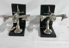 Airplane aircraft bookend aluminum w/wooden base library bookshelf decor
