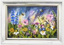 Blooming Flowers Blue Wildflower Painting Original Floral Oil Impasto Art Signed