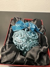 Blue Heart Christmas Tree Hanging Ornament Glitter With Bow