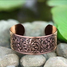 Solid Copper Bracelet With Antiqued Embossed FLORAL Design