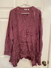 LOGO by Lori Goldstein Woven Silky Jacquard Blouse PLUM BLOSSOM size LARGE