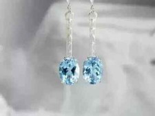 Drop-Dangle Earring 14K White Gold Plated Lab-Created Blue Topaz 3Ct Oval Cut