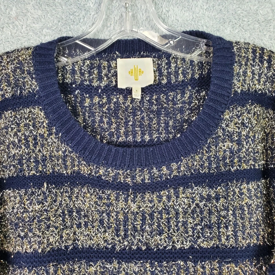 Suéter corto HWR Anthropologie talla mediana dorado tejido metálico manga 3 cuartos a rayas Foto 2 de 4