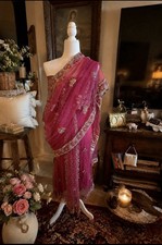 Bollywood Saree Indian Wedding Sequined Embroidered Beaded Pink Sari Eid Ramadan