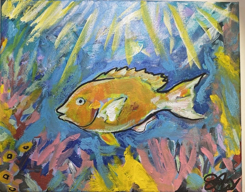 8x10”, Fish Above Coral, Acrylic/Canvas,Signed, Handmade, COA
