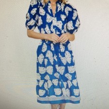 Blue White Floral Puff Sleeve Midi Dress V-Neck Ruffle Accent Casual