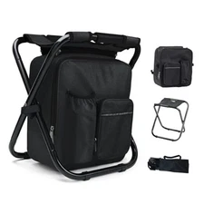 Lightweight Folding Backpack Stool with Cooler, Detachable Fishing Cooler Black