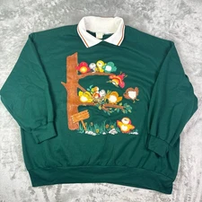 VTG 90s Basic Editions bird building schools collared grandma sweatshirt wms 3XL