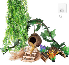 Crested Gecko Tank Accessories Reptile Hanging Plants Vines with Coconut Shell